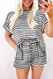 Stripe Knitted Short Sleeve Top and Drawstring Shorts Set